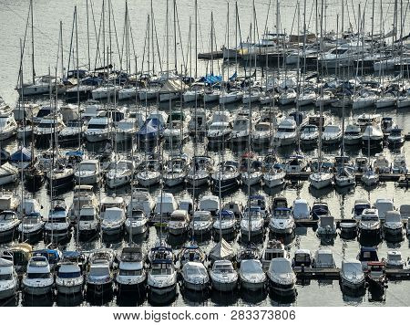 Vrsar, Croatia - May 22, 2018: Top View On Yachts, Port, Adriatic Sea Near Small Croatian Town Vrsar