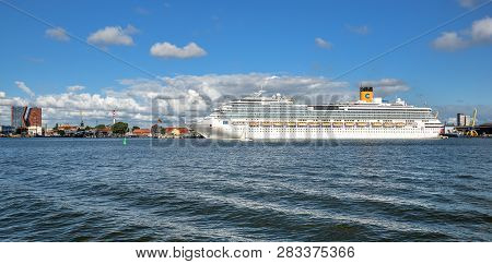 Klaipeda, Lithuania - August 20, 2017: Beautiful Summer View On Klaipeda Port And Big White Internat