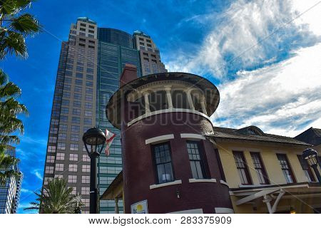 Orlando, Florida . December 24, 2018. Top View Of Old Church Street Station And Colorful Building On