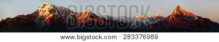 Evening, Sunset View Of Mount Annapurna And Machhapuchhre Or Machhapuchhare, Nepal Himalayas Mountai