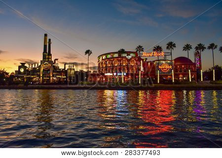 Orlando, Florida. February 05, 2019.  Chocolate Emporium Restaurant And Hard Rock Cafe On Colorful S