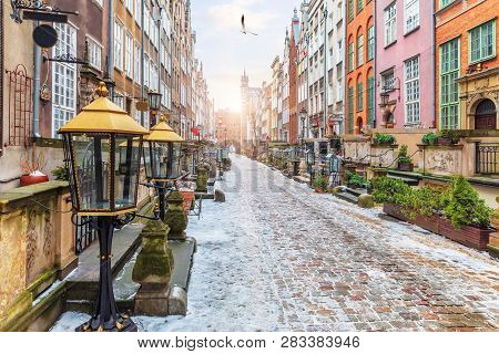 Old European Street Mariacka In Gdansk, Poland, Morning View, No People