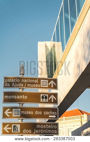 Lisbon, Portugal - 12/28/18: Street Directions Signs Belem. Monsanto, Coach Coches Museum, Jeronimos
