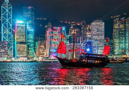 Hong Kong, China - January 18, 2016: Hong Kong Skyline Of Hong Kong Island With City Lights Viewed F