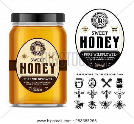 Honey Glass Jar Mockup With Label And Icons
