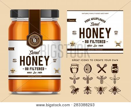 Honey Glass Jar Mockup With Label And Icons