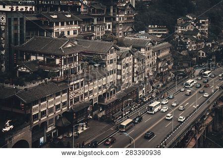 CHONGQING, CHINA â MARCH 13: Hongyadong shopping complex aerial view on March 13, 2018 in Chongqing. With 17M population, it is the most populous Chinese municipality.