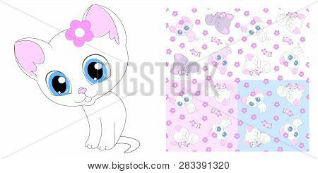 White Cats Kitten Patterns Set Vector Illustration