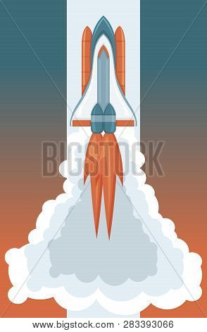 Space Art, Rocket Launching Vector Retro Style Illustration. Shultte With Steam
