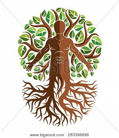 Vector Athletic Man Created As Continuation Of Tree With Strong Roots And Organic Green Leaves. Gree