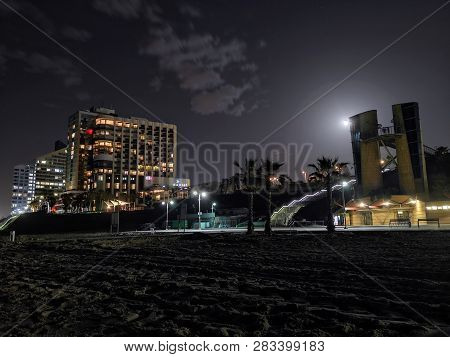 Herzliya, Israel - January 20, 2019 : Hotels On The Beach In Herzliya, Israel - Night Time