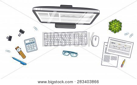 Work Desk Workspace Top View With Pc Computer And A Lot Of Different Stationery Objects On Table Iso