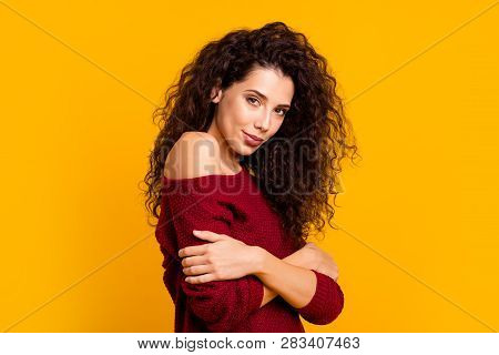 Close Up Side Profile Photo Amazing Beautiful Her She Lady Holding Herself In Hugs Self-confident I 