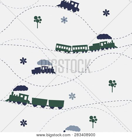 Seamless Flat Cartoon Vector Pattern With Retro Colorful Locomotive