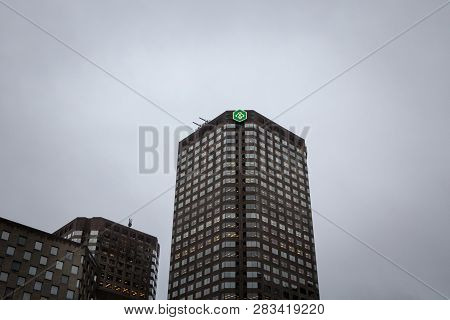 Montreal, Canada - November 6, 2018: Desjardins Bank Logo On Their Main Office For Montreal, Quebec,