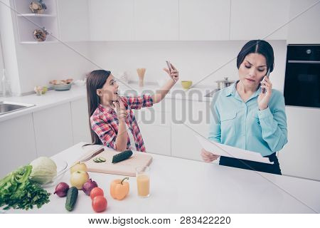 Portrait Of Two Nice Lovely Attractive Stylish Trendy People Funny Girl Showing V-sign Lady Talking 