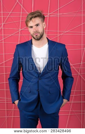Man Well Groomed Manager Wear Elegant Formal Suit Pink Background. Manager Confident Wear Perfect Ou