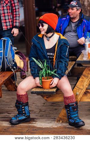 Sheregesh, Kemerovo Region, Russia - April 7, 2018: Young Woman Dressed Like Matilda From Leon Movie