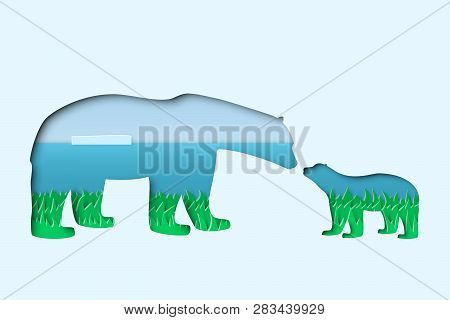 North Arctic Polar White Mother And Cub Bears In Paper Cut Craft Art Style With Summer North Pole La