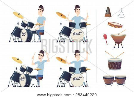 Young Handsome Guy Playing The Drums. A Set Of Percussion Instruments. Drummer Practiced And Trained