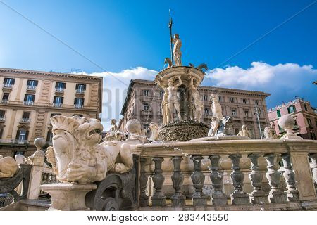 City Hall Square With The Famous Neptune Fountain On Piazza Municipio In Naples, Italy.
