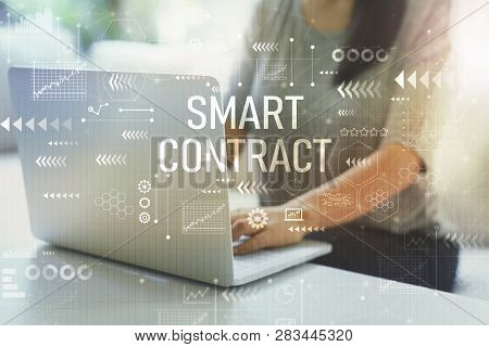 Smart Contract With Woman Using Her Laptop In Her Home Office