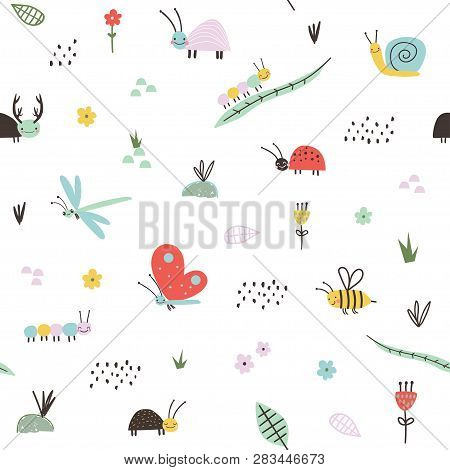 Seamless Childish Pattern With Cute Bugs, Bee, Catepillar. Vector Illustration. Use For Textile, Pri