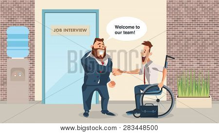Smiling Boss And Disabled Suit Emloyee Shake Hand. Successful Job Interview For Man In Wheelchair. T