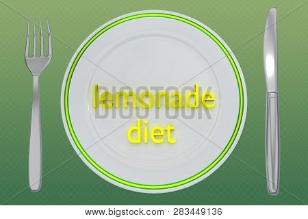3d Illustration Of Lemonade Diet Title On A White Plate, Along With Silver Knif And Fork, On A Yello