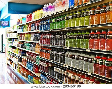 Bemidji, Mn - 8 Feb 2019: Rows Of Colorful Bottles Of Beverages Stacked On Shelves In A Local Superm