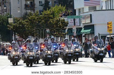 LOS ANGELES - FEBRUARY 9, 2019: LAPD Motorcycle Officers kick off the Golden Dragon Parade, celebrating the Chinese New Year.