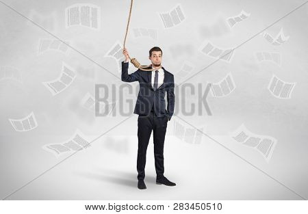 Young burnout businessman with flying documents concept