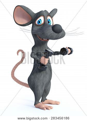 3d Rendering Of A Cute Smiling Cartoon Mouse Exercising With Dumbbells. White Background.