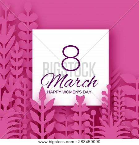 8 March. Origami Spring Flowers For Happy Womens Day. Mixed Pink Paper Cut Outs Plants, Flowers, Tro