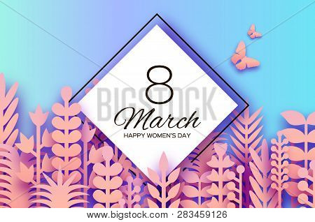 8 March. Origami Spring Flowers For Happy Womens Day. Mixed Coral Paper Cut Outs Plants, Flowers, Bu
