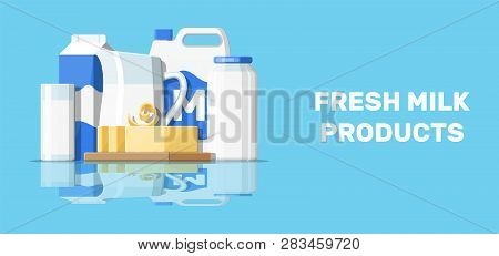 Milk Products Set With Cheese, Cottage And Butter. Dairy Food. Tradicional Fresh Farm Products. Vect