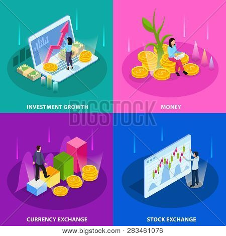 Stock Exchange Isometric Icon Set With Investment Growth Money Currency And Stock Exchange Descripti