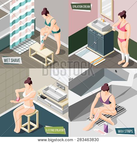 Hair Removal 2x2 Design Concept With Woman Using Razor Epilator Wax Strips And Depilatory Cream 3d I