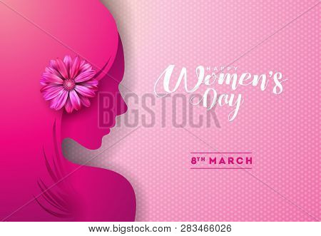 8 March. Womens Day Greeting Card Design With Young Woman Silhouette And Flower. International Femal