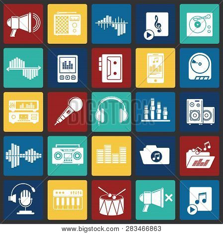 Music And Sound Icons Set On Color Squares Background For Graphic And Web Design, Modern Simple Vect