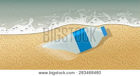 Plastic Bottle On Seashore No Plastic And Pollution Concept Advertisement Template Composition. Vect