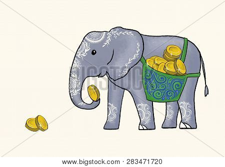 Elephant With A Bag Collects Coins On A White Background