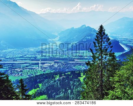 View Of The River Rhine Valley (rheintal) From The Alvier Mountain - Canton Of St. Gallen, Switzerla