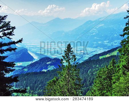 View Of The River Rhine Valley (rheintal) From The Alvier Mountain - Canton Of St. Gallen, Switzerla