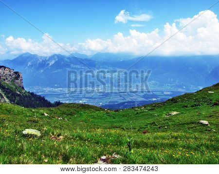 View Of The River Rhine Valley (rheintal) From The Alvier Mountain - Canton Of St. Gallen, Switzerla