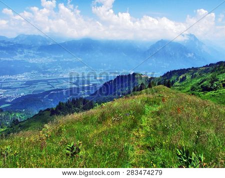 View Of The River Rhine Valley (rheintal) From The Alvier Mountain - Canton Of St. Gallen, Switzerla