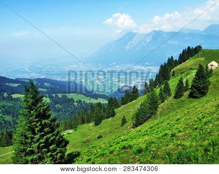 View Of The River Rhine Valley (rheintal) From The Alvier Mountain - Canton Of St. Gallen, Switzerla