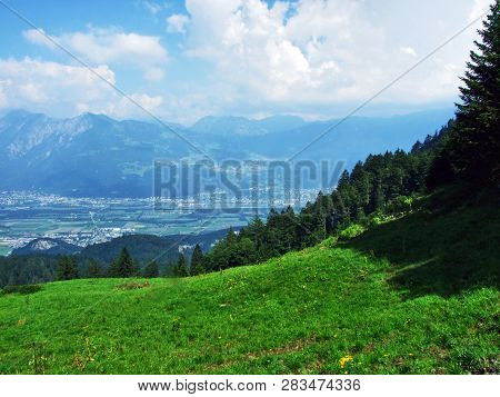 View Of The River Rhine Valley (rheintal) From The Alvier Mountain - Canton Of St. Gallen, Switzerla