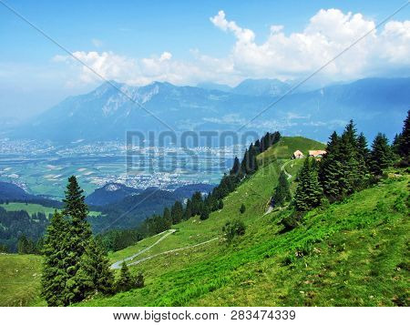 View Of The River Rhine Valley (rheintal) From The Alvier Mountain - Canton Of St. Gallen, Switzerla