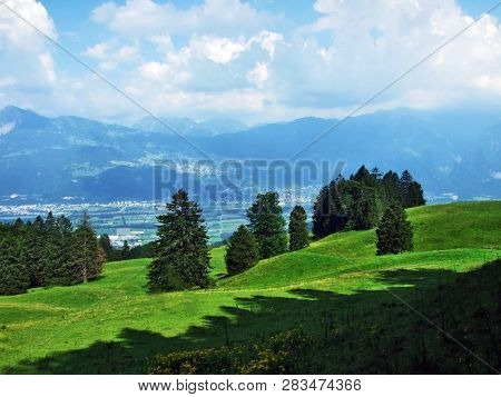 View Of The River Rhine Valley (rheintal) From The Alvier Mountain - Canton Of St. Gallen, Switzerla